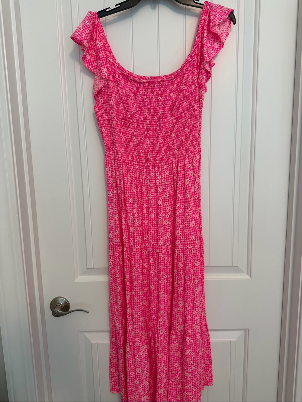 Lilly Pulitzer Hot Pink Smocked Midi Dress with Ruffle Sleeves